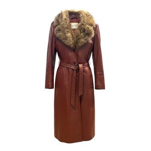 Vintage Fairweather Brown Leather Trench Coat w/ Fur Collar Y2K Glam Mob Wife